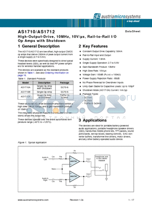 AS1710 datasheet - High-Output-Drive, 10MHz, 10V/ls, Rail-to-Rail I/O Op Amps with Shutdown