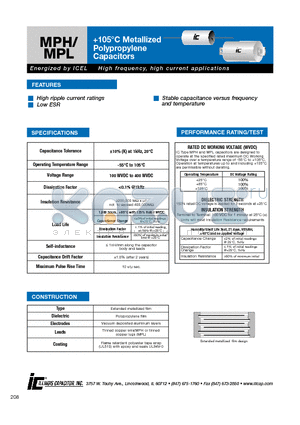 505MPL200K datasheet - 105`C Metallized Polypropylene Capacitors