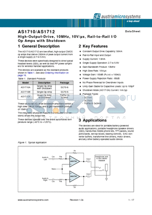 AS1712 datasheet - High-Output-Drive, 10MHz, 10V/ls, Rail-to-Rail I/O Op Amps with Shutdown