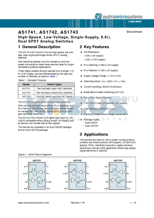 AS1741H-T datasheet - High-Speed, Low-Voltage, Single-Supply, 0.8,Dual SPST Analog Switches