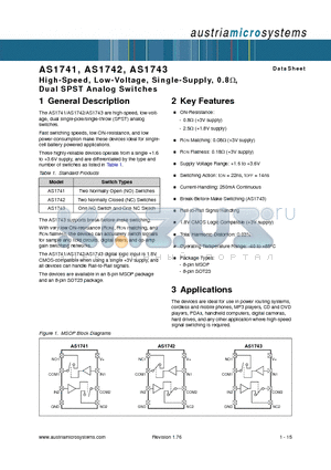 AS1741 datasheet - High-Speed, Low-Voltage, Single-Supply, 0.8-ohm, Dual SPST Analog Switches