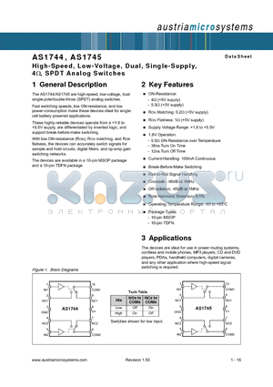 AS1744G datasheet - High-Speed, Low-Voltage, Dual, Single-Supply, 4, SPDT Analog Switches