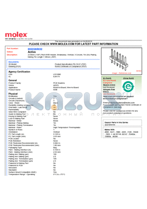 0022284032 datasheet - 2.54mm (.100) Pitch KK^ Header, Breakaway, Vertical, 3 Circuits, Tin (Sn) Plating, Mating Pin Length 7.49mm (.295)