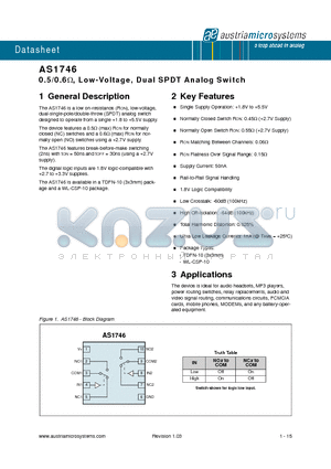 AS1746-BWLT datasheet - 0.5/0.6, Low-Voltage, Dual SPDT Analog Switch