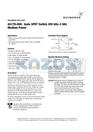 AS179-000 datasheet - GaAs SPDT Switch 300 kHz-3 GHz Medium Power