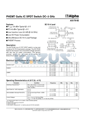 AS179-92 datasheet - PHEMT GaAs IC SPDT Switch DC-3 GHz