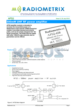 AFS2 datasheet - 500mW UHF RF power amplifier