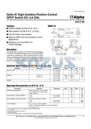 AS177-86 datasheet - GaAs IC High Isolation Positive Control SPDT Switch DC-3.0 GHz