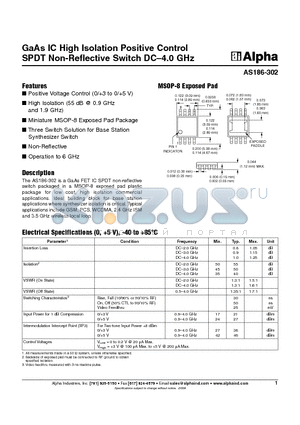 AS186-302 datasheet - GaAs IC High Isolation Positive Control SPDT Non-Reflective Switch DC-4.0 GHz