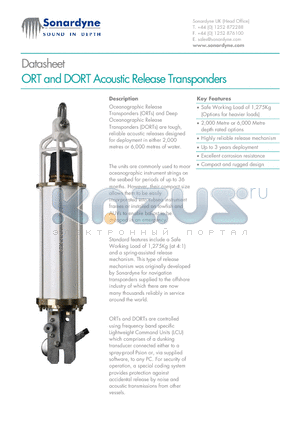 7409 datasheet - ORT and DORT Acoustic Release Transponders