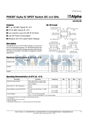AS183-92 datasheet - PHEMT GaAs IC SPDT Switch DC-2.5 GHz