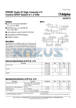 AS190-73 datasheet - PHEMT GaAs IC High Linearity 3 V Control SPDT Switch 0.1-2 GHz