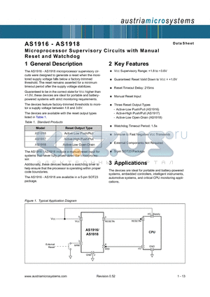 AS1917R-T datasheet - Microprocessor Supervisory Circuits with Manual Reset and Watchdog