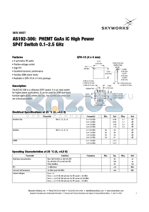 AS192-306 datasheet - PHEMT GaAs IC High Power SP4T Switch 0.1-2.5 GHz