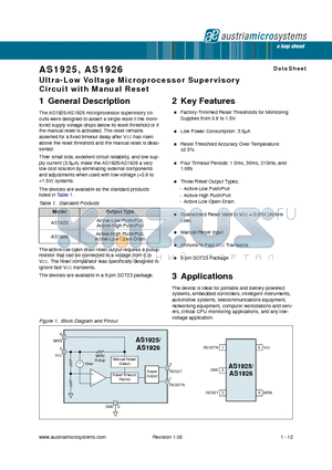 AS1925 datasheet - Ultra-Low Voltage Microprocessor Supervisory Circuit with Manual Reset