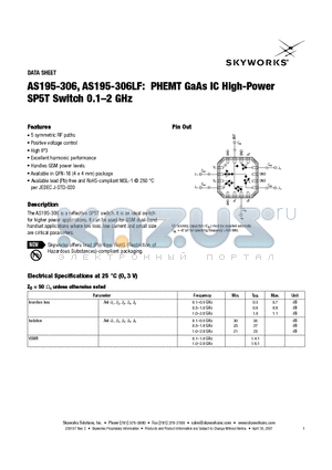 AS195-306LF datasheet - PHEMT GaAs IC High-Power SP5T Switch 0.1-2 GHz