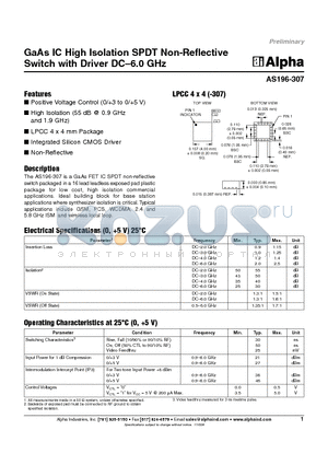 AS196-307 datasheet - GaAs IC High Isolation SPDT Non-Reflective Switch with Driver DC-6.0 GHz