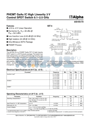 AS193-73 datasheet - PHEMT GaAs IC High Linearity 3 V Control SPDT Switch 0.1-2.5 GHz