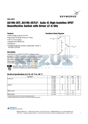 AS196-307LF datasheet - GaAs IC High-Isolation SPDT Nonreflective Switch with Driver LF-6 GHz