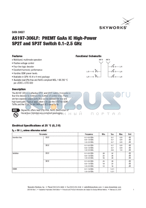 AS197-306LF datasheet - PHEMT GaAs IC High-Power SP2T and SP3T Switch 0.1-2.5 GHz