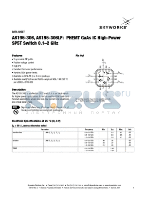 AS195-306 datasheet - PHEMT GaAs IC High-Power SP5T Switch 0.1-2 GHz