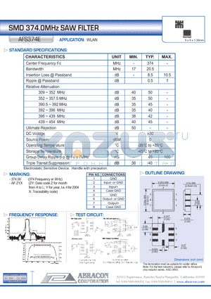 AFS374E datasheet - SMD 374.0MHz SAW FILTER