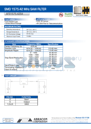 AFS1575.42S4 datasheet - SMD 1575.42 MHz SAW FILTER