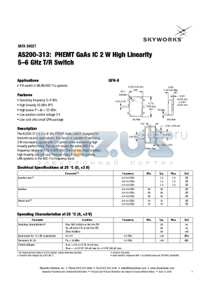 AS200-313 datasheet - PHEMT GaAs IC 2 W High Linearity 5-6 GHz T/R Switch
