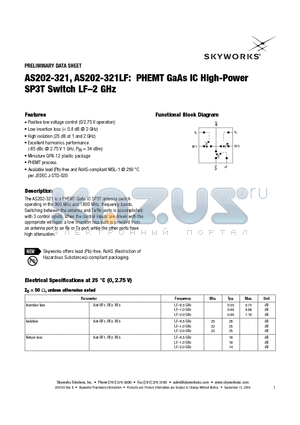 AS202-321LF datasheet - PHEMT GaAs IC High-Power SP3T Switch LF-2 GHz