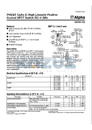AS205-322 datasheet - PHEMT GaAs IC High Linearity Positive Control SPDT Switch DC-2 GHz