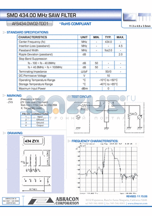 AFS434.0W02-TD01 datasheet - SMD 434.00 MHz SAW FILTER