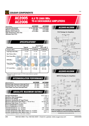 AS2006 datasheet - 0.3 TO 2000 MHz TO-8 CASCADABLE AMPLIFIERS