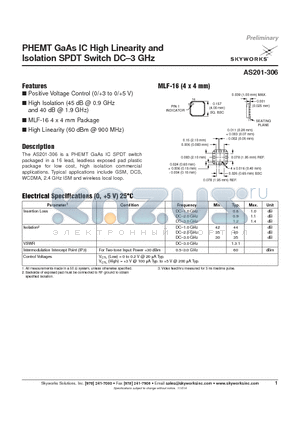 AS201-306 datasheet - PHEMT GaAs IC High Linearity and Isolation SPDT Switch DC-3 GHz