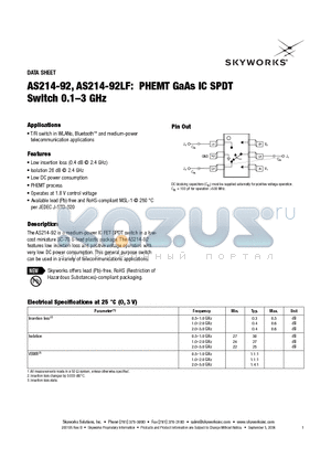 AS214-92LF datasheet - PHEMT GaAs IC SPDT Switch 0.1-3 GHz