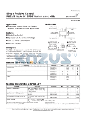 AS215-92 datasheet - Single Positive Control PHEMT GaAs IC SPDT Switch 0.5-3 GHz