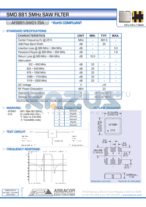 AFS881.5W01-TS4 datasheet - SMD 881.5MHz SAW FILTER