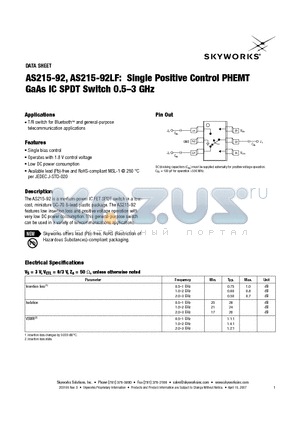 AS215-92 datasheet - Single Positive Control PHEMT GaAs IC SPDT Switch 0.5-3 GHz