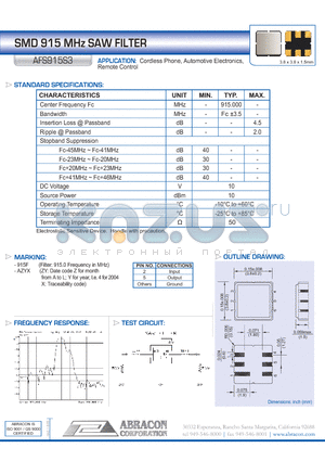 AFS915S3 datasheet - SMD 915 MHz SAW FILTER