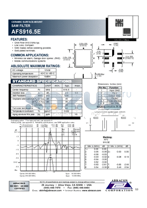 AFS916.5E datasheet - CERAMIC SURFACE-MOUNT SAW FILTER