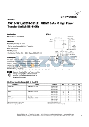 AS218-321 datasheet - PHEMT GaAs IC High Power Transfer Switch DC-6 GHz