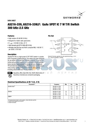 AS216-339LF datasheet - GaAs SPDT IC 7 W T/R Switch 300 kHz-2.5 GHz