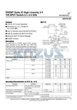 AS219-321 datasheet - PHEMT GaAs IC High Linearity 3 V T/R SP3T Switch 0.1-2.5 GHz