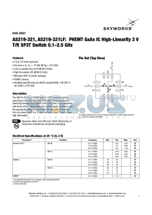AS219-321LF datasheet - PHEMT GaAs IC High-Linearity 3 V T/R SP3T Switch 0.1-2.5 GHz