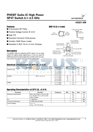 AS221-306 datasheet - PHEMT GaAs IC High Power SP4T Switch 0.1 - 2.5 GHz