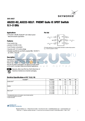 AS222-92LF datasheet - PHEMT GaAs IC SPDT Switch 0.1-3 GHz
