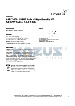 AS217-000 datasheet - PHEMT GaAs IC High-Linearity 3 V T/R SPDT Switch 0.1-2.5 GHz