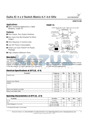 AS212-93 datasheet - GaAs IC 4 x 2 Switch Matrix 0.7-3.0 GHz