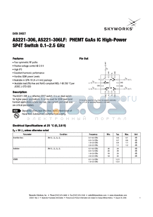 AS221-306LF datasheet - PHEMT GaAs IC High-Power SP4T Switch 0.1-2.5 GHz