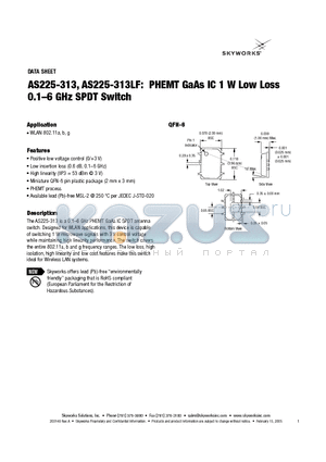 AS225-313LF datasheet - PHEMT GaAs IC 1 W Low Loss 0.1-6 GHz SPDT Switch
