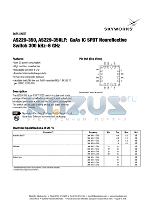 AS229-350LF datasheet - GaAs IC SPDT Nonreflective Switch 300 kHz-6 GHz